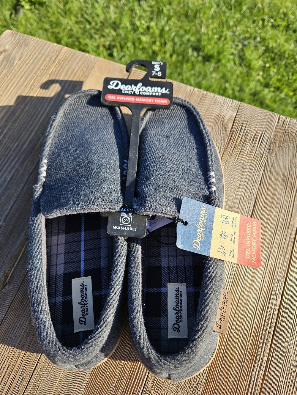 New Dearfoams Men's 7-8 Gray Herringbone Memory Foam Cozy Comfort Slippers